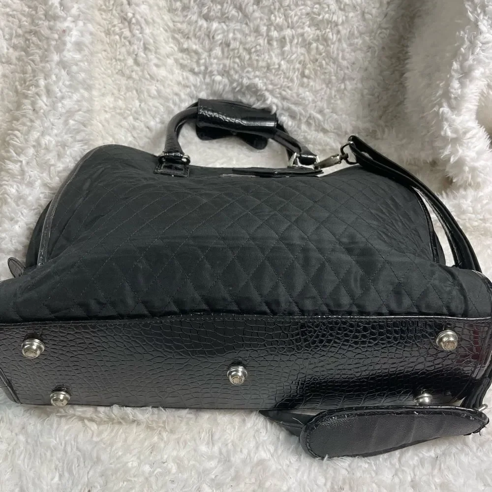 Liz Claiborne Black quilted fabric large laptop work bag silver tone hardwares